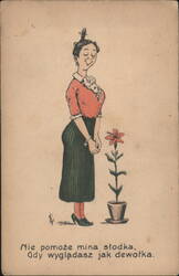 Cartoon Woman with Potted Flower, 'Nie pomoże mina słodka' Postcard