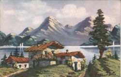 Mountain Lake with Houses and Pine Tree, J. Bello Art Postcard