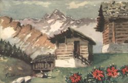 Mountain Chalets and Red Flowers, Alpine Landscape Postcard