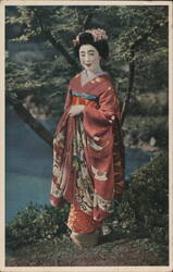 Japanese Woman in Red Kimono with Floral Hair Ornament Postcard