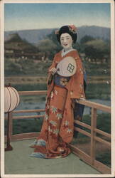Japanese Woman in Kimono with Fan, Traditional Landscape Postcard