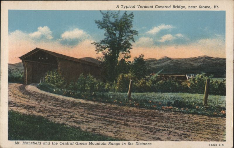 Vermont Covered Bridge near Stowe, Mt. Mansfield in Distance