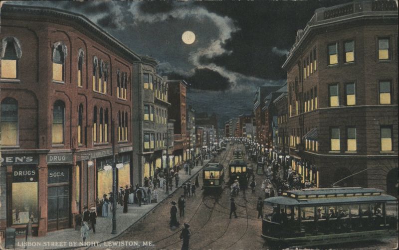Lisbon Street by Night, Moonlit Trolleys Lewiston Maine