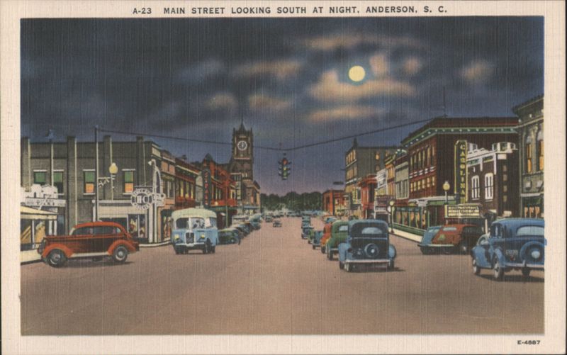 A-23 Main Street Looking South at Night Anderson South Carolina