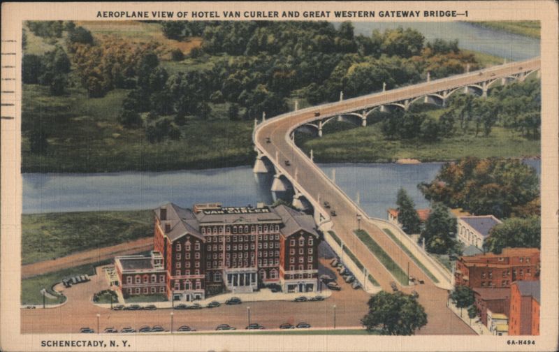 Aeroplane View of Hotel Van Curler and Great Western Gateway Bridge Schenectady New York