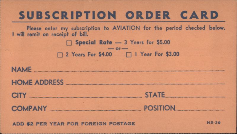 Aviation Magazine Subscription Order Card Advertising