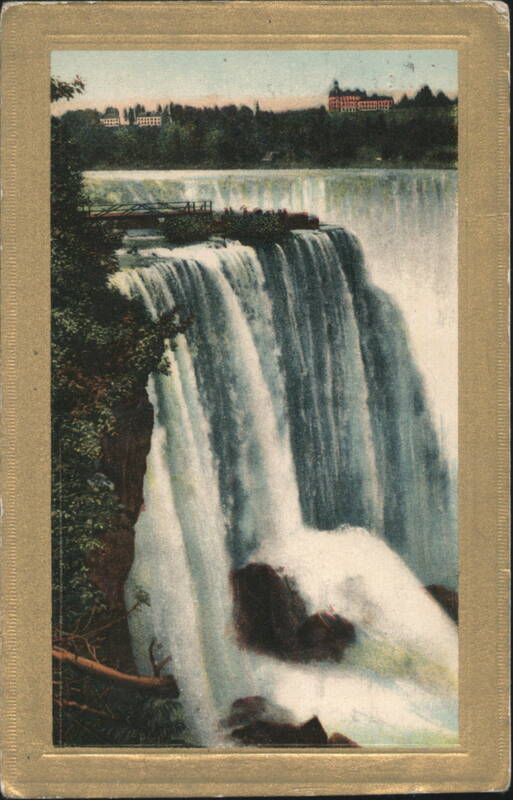 Scenic Waterfall View with Hilltop Building and Bridge Niagara Falls New York