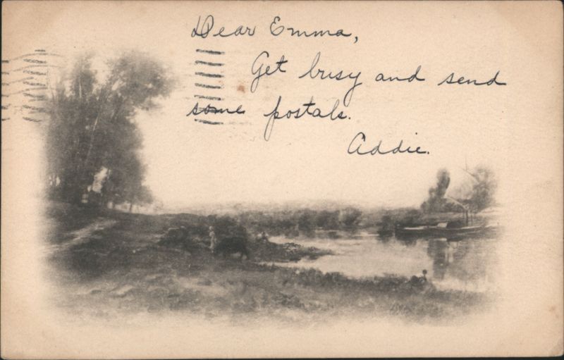 River Landscape with Boat and Trees Post Card Clubs, Collecting, Deltiology