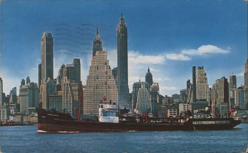 Manhattan Skyline from Brooklyn Shore, Tydol Barge New York