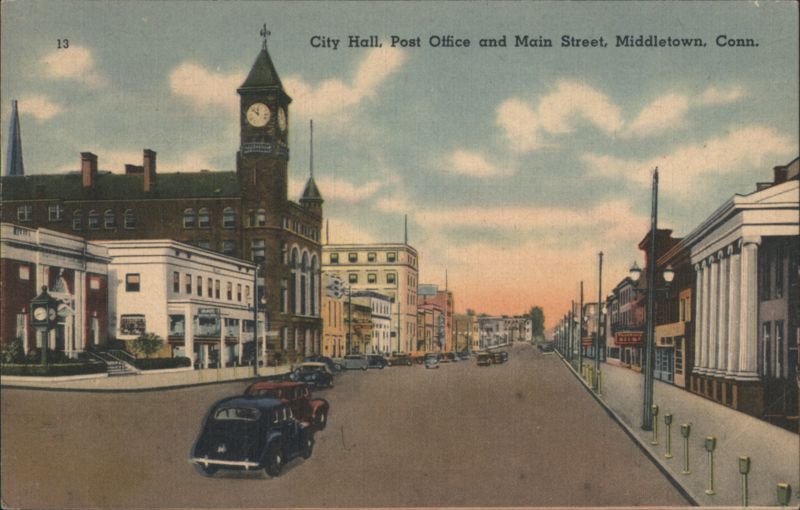 City Hall, Post Office and Main Street Middletown Connecticut