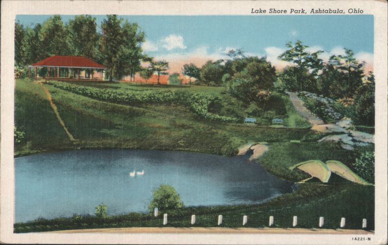 Lake Shore Park with Pond and Red Roof Building Ashtabula Ohio