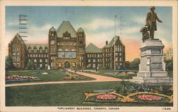 Parliament Buildings with Statue and Gardens Postcard