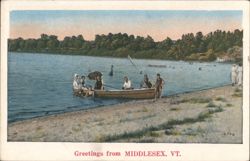 Greetings from Middlesex, VT. Lake Scene with Boat Postcard