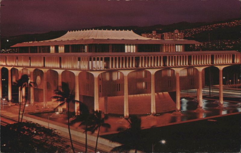 Hawaii State Capitol Building, Illuminated at Night Honolulu