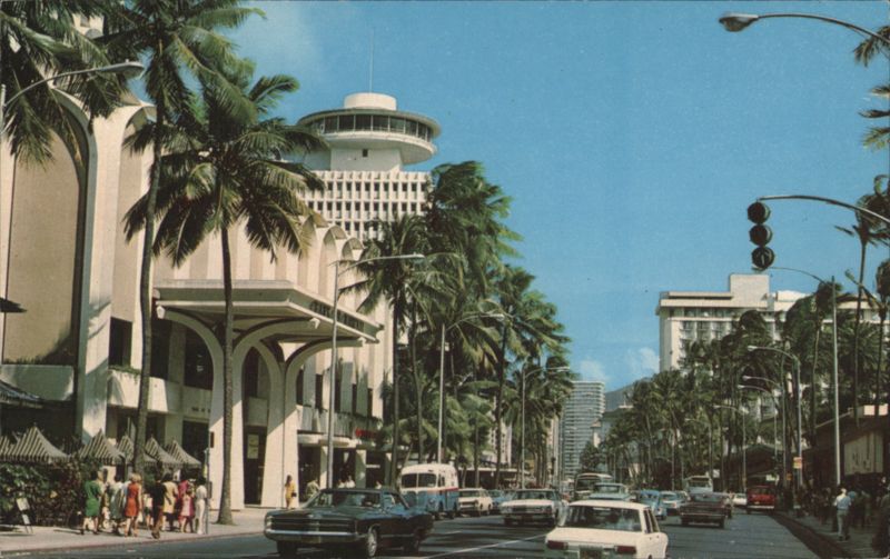 Waikiki Kalakaua Avenue, Modern Buildings & Palm Trees Honolulu Hawaii