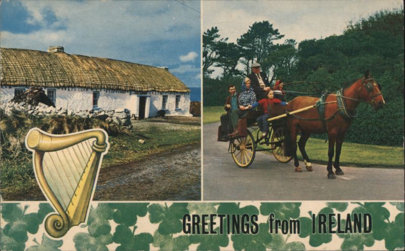Greetings from Ireland, Thatched Cottage, Horse Cart, Harp