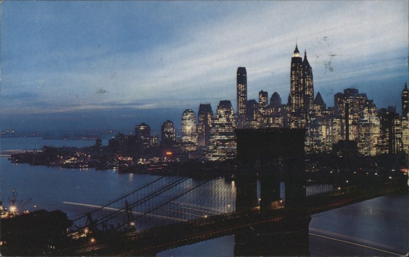 Nightfall in Lower Manhattan with Brooklyn Bridge New York