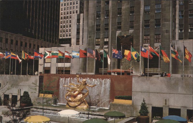Prometheus Statue & Fountain, UN Flags, Rockefeller Plaza New York City