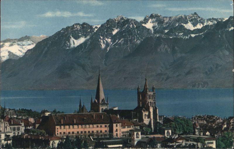 Lausanne-Ouchy Cathedral and Alps Switzerland