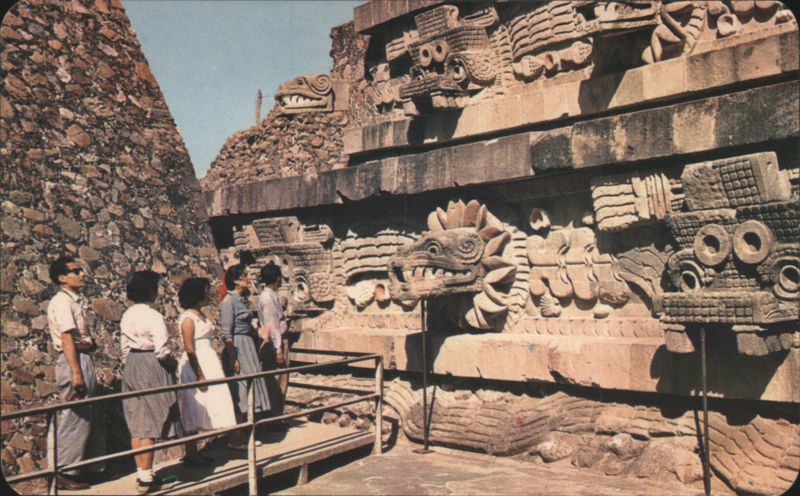 Temple of Quetzalcoatl, Feathered Serpents Carved San Juan Mexico