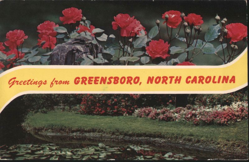 Red Roses and Pond, Greetings from Greensboro, NC North Carolina