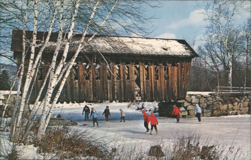 Covered Bridge, Ice Skating, Winter in New England