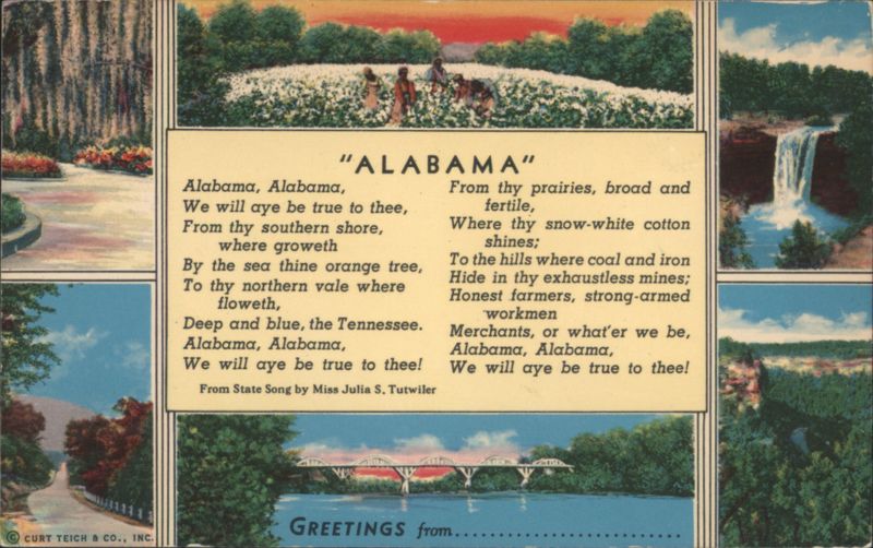 Greetings from Alabama - Cotton Fields, Waterfall, Bridge