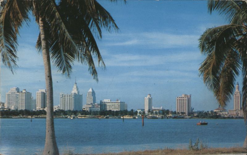 Miami, Florida Skyline from Causeway with Coconut Palms