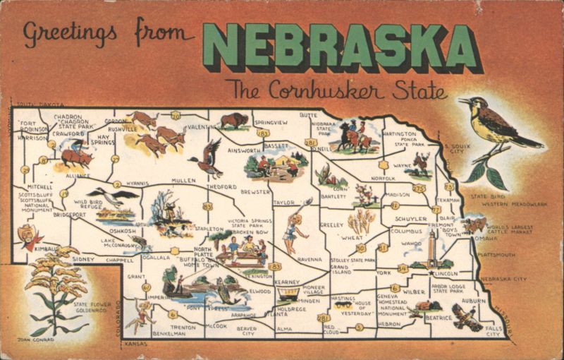 Greetings from Nebraska The Cornhusker State Illustrated Map