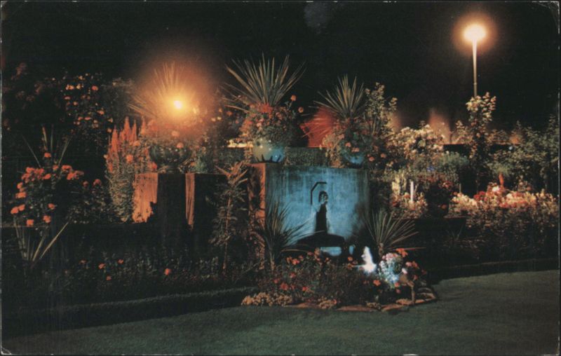 Illuminated Rose Garden, Frog Fountain, Butchart Gardens Victoria BC Canada