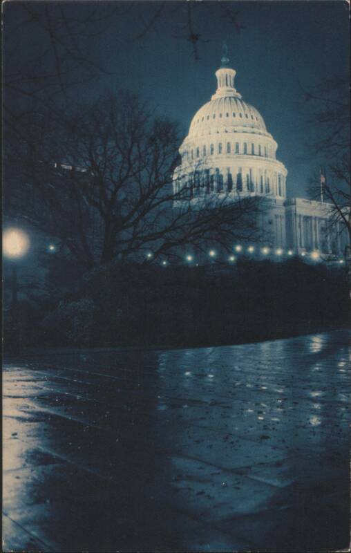 Capitol on a Rainy Night, Floodlighted Dome Reflected Washington District of Columbia