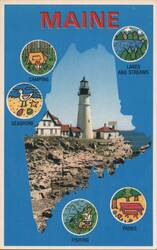 Maine Vacationland, Portland Head Light and Activities Postcard
