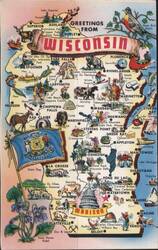 Greetings From Wisconsin Illustrated Map Postcard