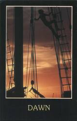 Dawn - Person Climbing Ship Rigging at Sunset Postcard