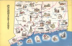 Connecticut Pictorial Map Illustrated Landmarks Attractions Postcard