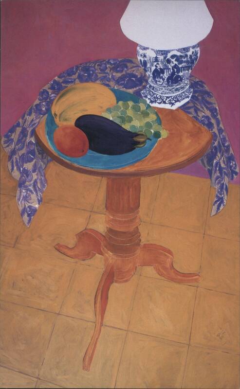 Don Almquist Still Life Painting, Fruit, Lamp, Patterned Cloth