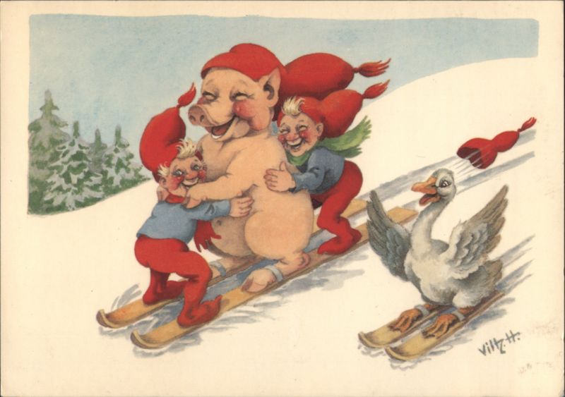 Gnomes, Pig, and Goose Skiing in Snow Villz H. Pigs