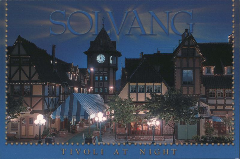 Solvang Tivoli Square at Night, Clock Tower California