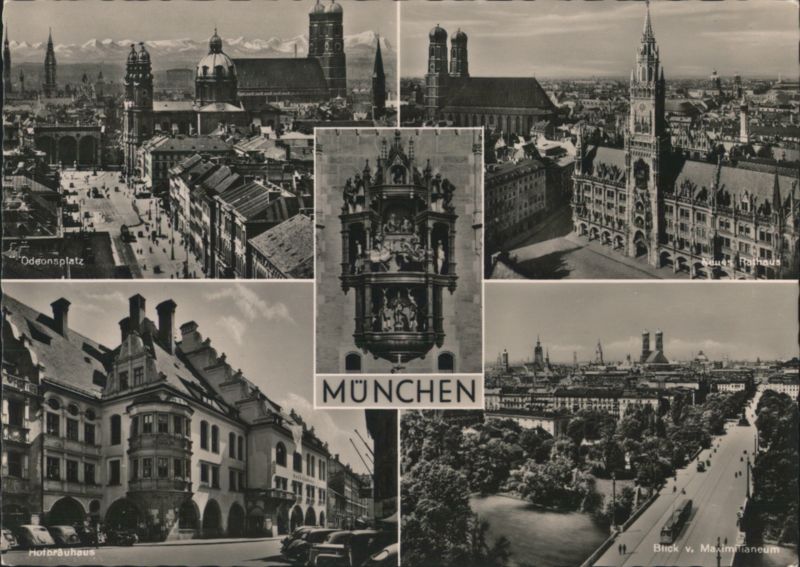Munich Landmarks Collage: Odeonsplatz, Neues Rathaus, Hofbräuhaus Germany