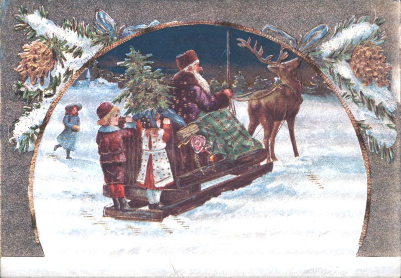 Santa with Reindeer Sleigh and Children in Snow Santa Claus