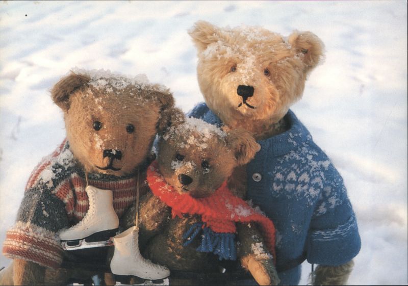 Three Teddy Bears in Snow with Ice Skates Mirja De Vries
