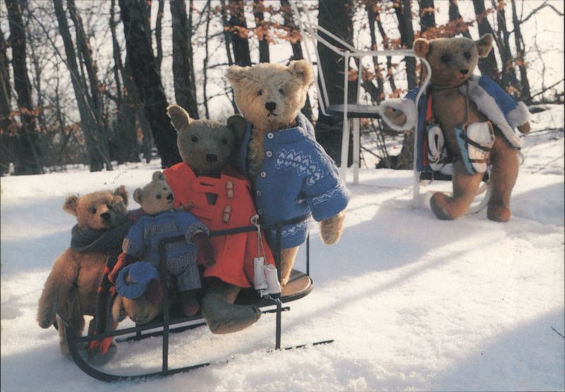 Snow Teds: Five Teddy Bears on a Sled in Winter Woods