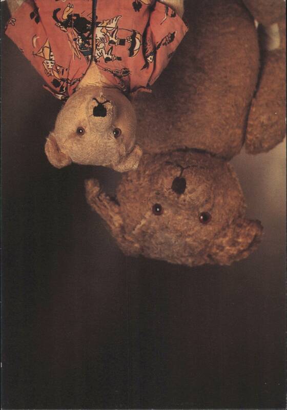 Two upside-down teddy bears, one wearing a patterned shirt