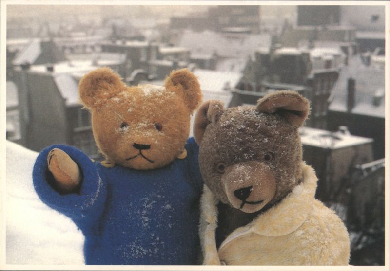 Snowy Teddy Bears in Blue Sweater and White Coat with City Background