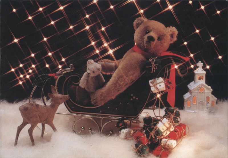 Teddy Bears in Sleigh with Gifts, Deer, and Church, Christmas Fairy Tales