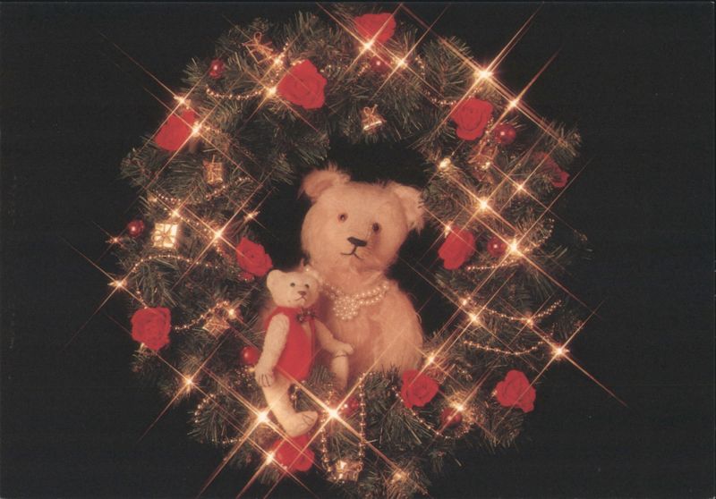 Teddy Bears in Christmas Wreath with Lights and Roses