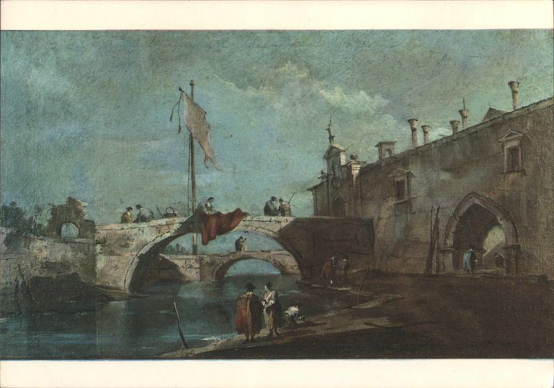 Bridge over River with Figures, Uffizi Gallery Painting Florence Italy