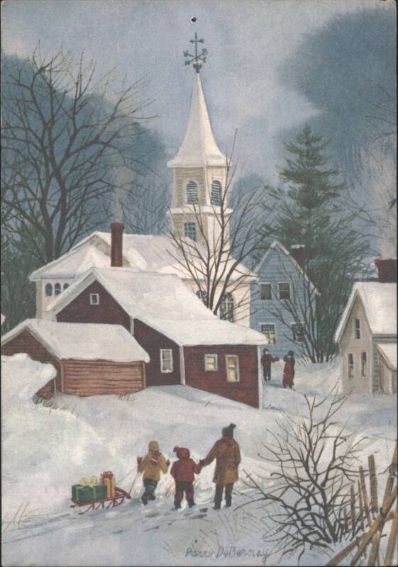 Winter Village Scene with Church, Family Pulling Sled with Christmas Gifts