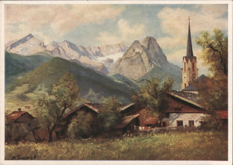 Fuggerwiese with Wetterstein Mountains and Village Church Germany