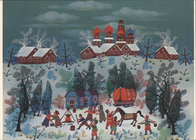 Blasnavski Winter Village Scene with Traditional European Folk Art